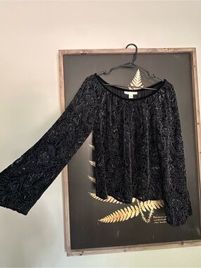 Casual Corner | Black Velvet Paisley Off-Shoulder Top
